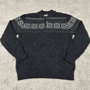 Alpaca Sweater Mens Large Fair Isle Peruvian Link 1/4 Button Peru Charcoal Gray